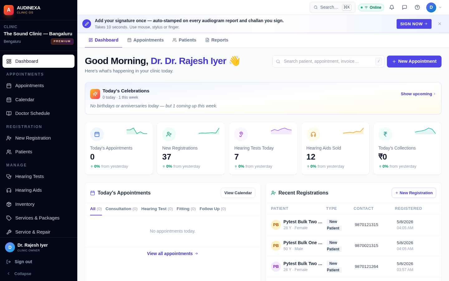 AUDINEXA dashboard — appointments, patients, hearing aids, collections in one screen